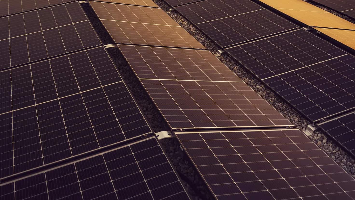 Planta solar fotovoltaica sobre techo plano al atardecer